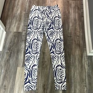 Katie Kime White and Blu Leaf Print Yoga Leggings